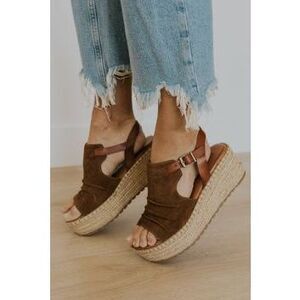 Musse & Cloud Picia women's espadrille platform wedge sandals in brown suede lea